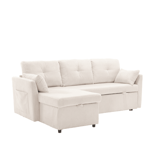 Sofá-cama multifuncional de 3 lugares - sofá modular L, com arrumação e chaise longue - Bege