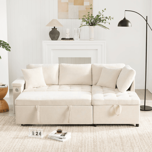 Sofá L moderno de 3 lugares - sofá-cama extensível com arrumação, porta USB e 2 almofadas - Bege