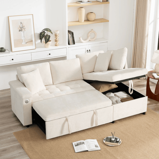 Sofá L moderno de 3 lugares - sofá-cama extensível com arrumação, porta USB e 2 almofadas - Bege