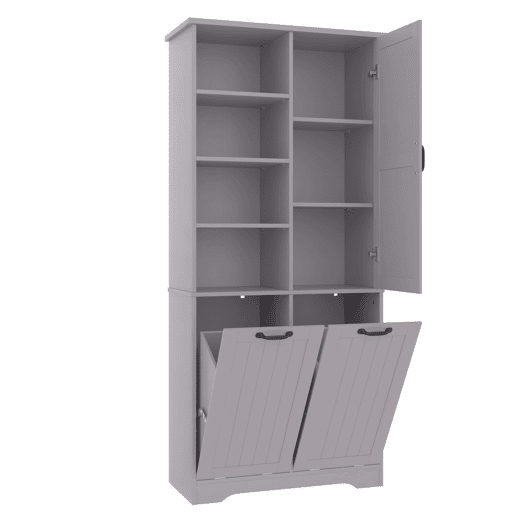 Móvel de casa de banho 78x35x172 cm - Cesto duplo para roupa, 4 compartimentos abertos, prateleiras ajustáveis - Cinza