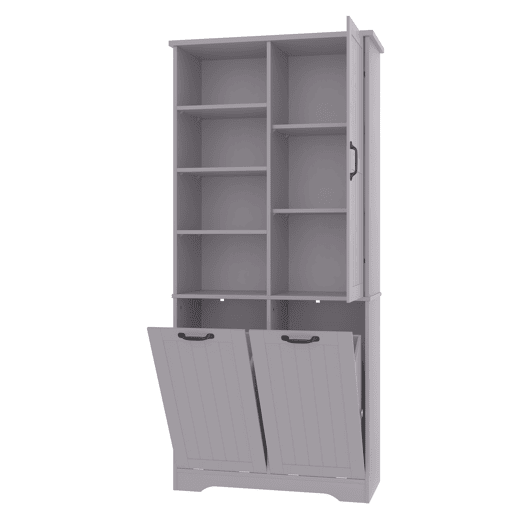 Móvel de casa de banho 78x35x172 cm - Cesto duplo para roupa, 4 compartimentos abertos, prateleiras ajustáveis - Cinza