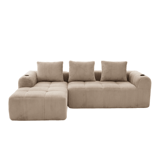 Sofá compacto de 4 lugares - Modular, com bolso lateral e porta-copos - Cáqui