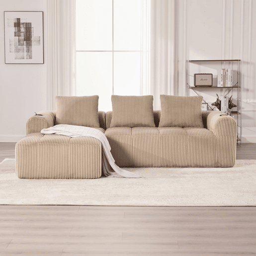 Sofá compacto de 4 lugares - Modular, com bolso lateral e porta-copos - Cáqui