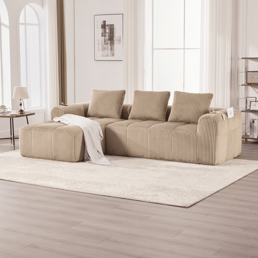 Sofá compacto de 4 lugares - Modular, com bolso lateral e porta-copos - Cáqui