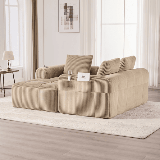 Sofá compacto de 4 lugares - Modular, com bolso lateral e porta-copos - Cáqui