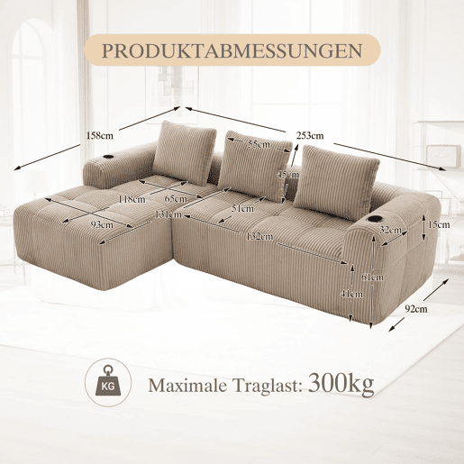 Sofá compacto de 4 lugares - Modular, com bolso lateral e porta-copos - Cáqui