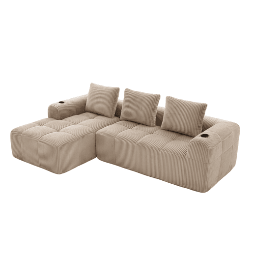 Sofá compacto de 4 lugares - Modular, com bolso lateral e porta-copos - Cáqui