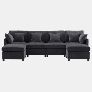 Sofá modular de 6 lugares - em forma de L e U, com apoio para os pés removível - Cinza
