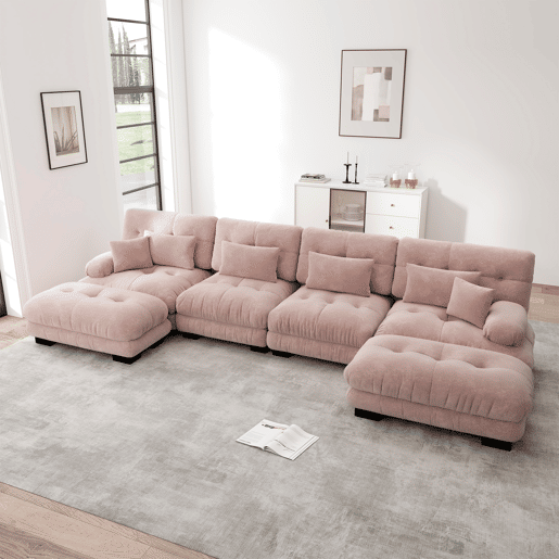 Sofá modular em U - 4 lugares, chaise longue removível, combinação DIY, chenille confortável - Rosa