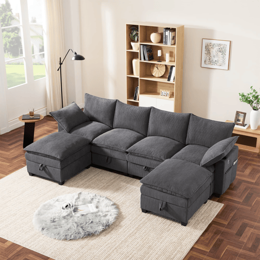 Sofá modular em forma de L com 6 lugares - Com apoio para os pés removível, portas USB, compartimentos e porta-copos - Cinza