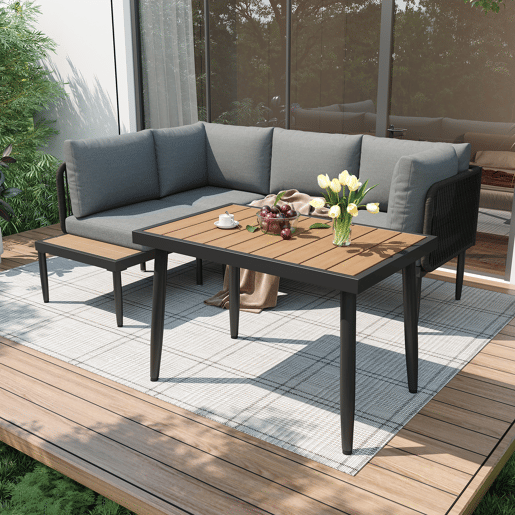 Conjunto de sala de jantar de jardim com 5 peças - Sofás de canto + mesa de jantar, estrutura em aço galvanizado, mesa em plástico e madeira, cinzento
