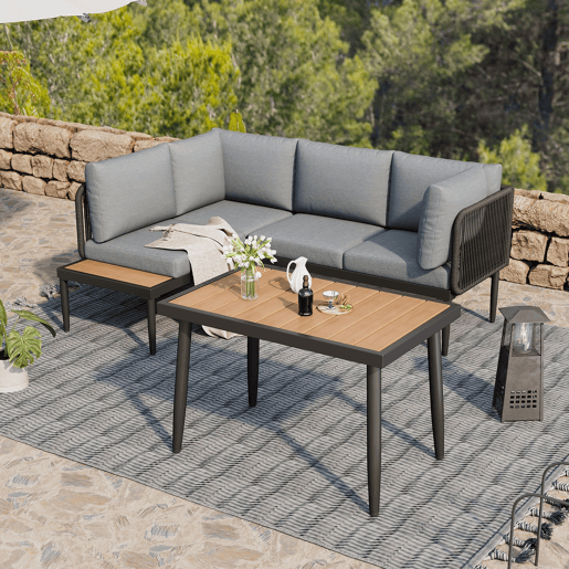 Conjunto de sala de jantar de jardim com 5 peças - Sofás de canto + mesa de jantar, estrutura em aço galvanizado, mesa em plástico e madeira, cinzento