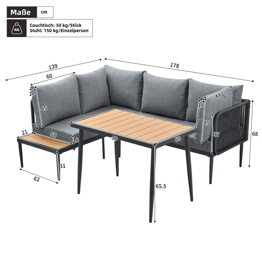 Conjunto de sala de jantar de jardim com 5 peças - Sofás de canto + mesa de jantar, estrutura em aço galvanizado, mesa em plástico e madeira, cinzento