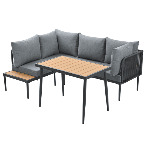 Conjunto de sala de jantar de jardim com 5 peças - Sofás de canto + mesa de jantar, estrutura em aço galvanizado, mesa em plástico e madeira, cinzento