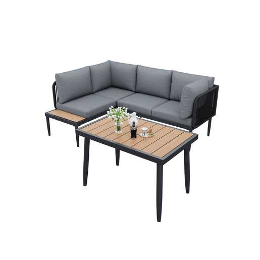 Conjunto de sala de jantar de jardim com 5 peças - Sofás de canto + mesa de jantar, estrutura em aço galvanizado, mesa em plástico e madeira, cinzento
