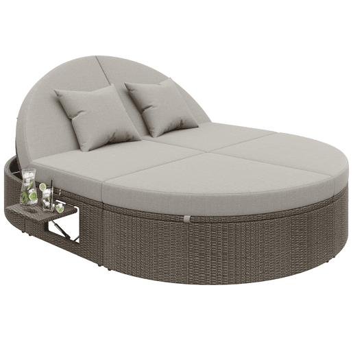 Cama de casal em rattan para 2 pessoas - Com prateleira lateral, mesa dobrável, ângulo ajustável - Cinza