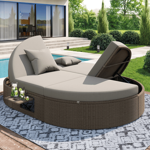 Cama de casal em rattan para 2 pessoas - Com prateleira lateral, mesa dobrável, ângulo ajustável - Cinza