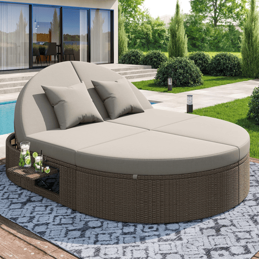 Cama de casal em rattan para 2 pessoas - Com prateleira lateral, mesa dobrável, ângulo ajustável - Cinza