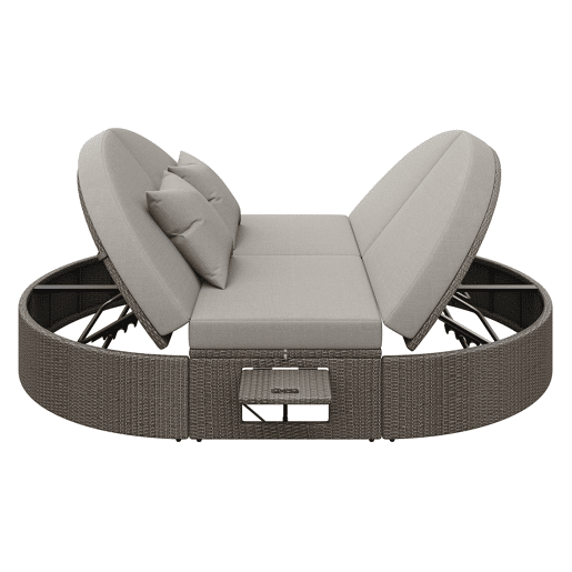 Cama de casal em rattan para 2 pessoas - Com prateleira lateral, mesa dobrável, ângulo ajustável - Cinza