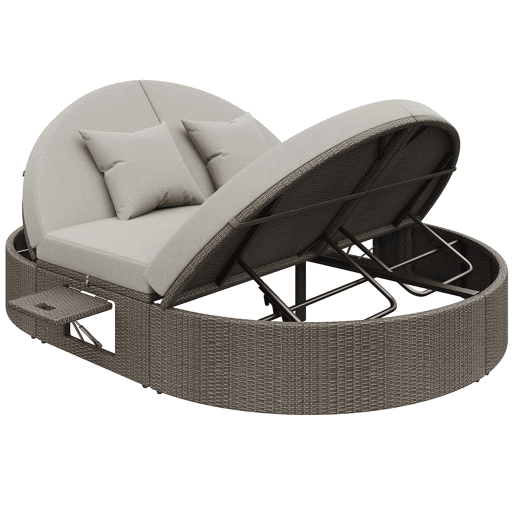 Cama de casal em rattan para 2 pessoas - Com prateleira lateral, mesa dobrável, ângulo ajustável - Cinza