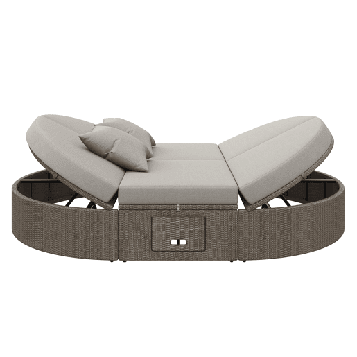 Cama de casal em rattan para 2 pessoas - Com prateleira lateral, mesa dobrável, ângulo ajustável - Cinza