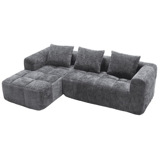 Sofá modular de 3 lugares - L-Sofa com chaise longue, 3 almofadas, bolso lateral - Cinza