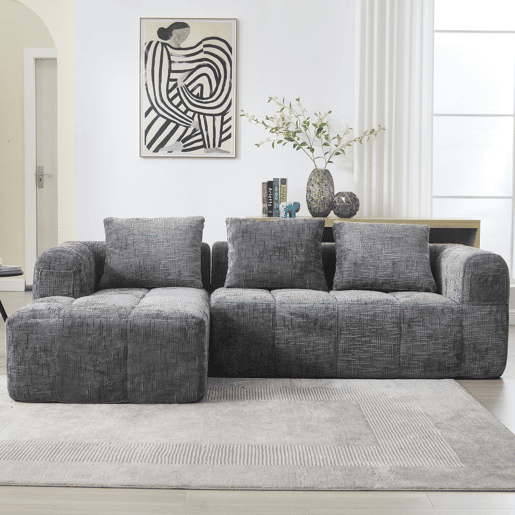 Sofá modular de 3 lugares - L-Sofa com chaise longue, 3 almofadas, bolso lateral - Cinza