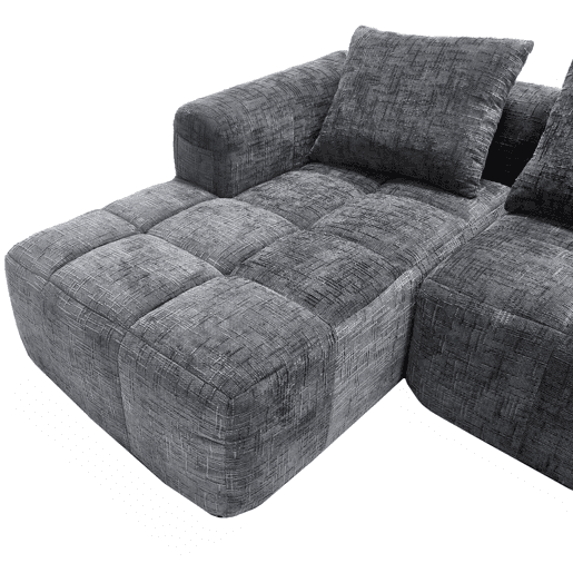 Sofá modular de 3 lugares - L-Sofa com chaise longue, 3 almofadas, bolso lateral - Cinza