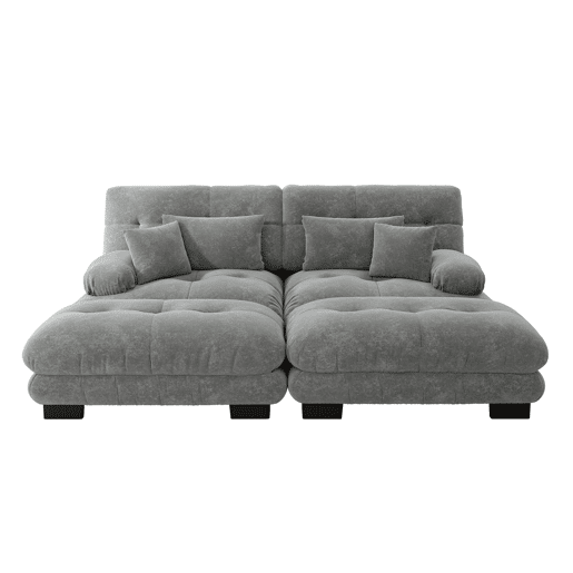Sofá de sala duplo - Chenille com 2 almofadas lombares e 2 decorativas, braços largos e 2 pufes - Cinza