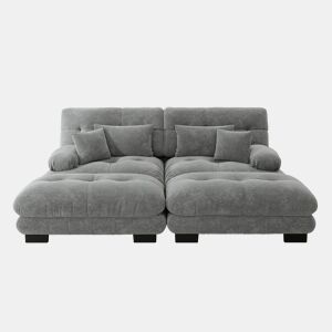 Sofá de sala duplo - Chenille com 2 almofadas lombares e 2 decorativas, braços largos e 2 pufes - Cinza