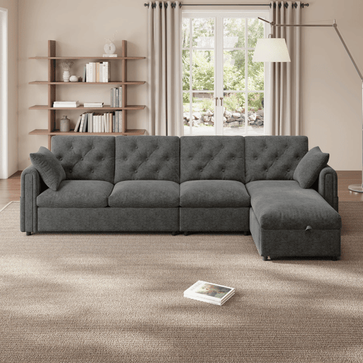 Sofá moderno de veludo 281x86x71 cm - Com arrumação, braço com bolsos, encosto com botões - Cinza