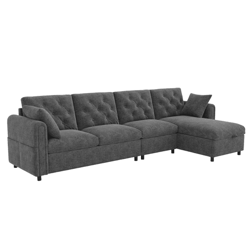 Sofá moderno de veludo 281x86x71 cm - Com arrumação, braço com bolsos, encosto com botões - Cinza