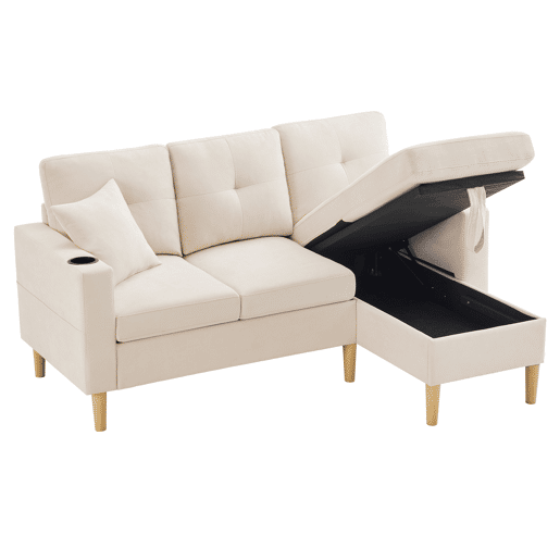 Sofá em L de 3 lugares - Com chaise longue, arrumação, porta-copos integrado, inclui 2 almofadas - Ideal para sala de estar, escritório, apartamento
