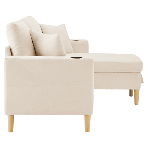Sofá em L de 3 lugares - Com chaise longue, arrumação, porta-copos integrado, inclui 2 almofadas - Ideal para sala de estar, escritório, apartamento
