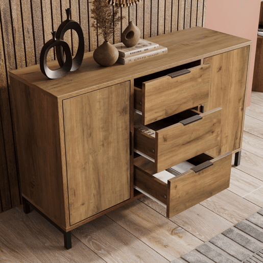 Cômoda 120x40x76 cm - com 2 portas, 3 gavetas e prateleira ajustável - carvalho escuro