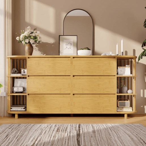 Aparador 160x40x75 cm - design romano com colunas, prateleiras de bambu, 6 gavetas e pés reguláveis - carvalho