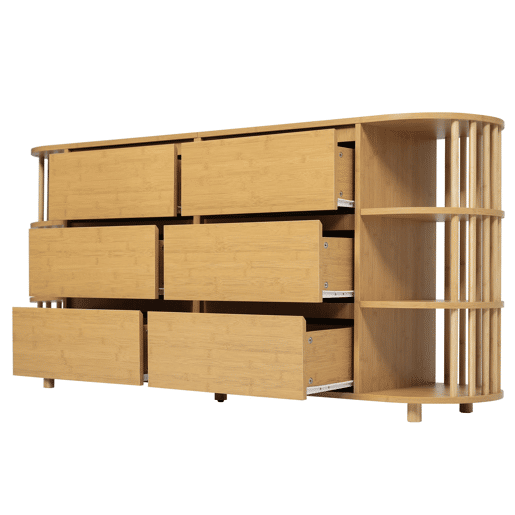 Aparador 160x40x75 cm - design romano com colunas, prateleiras de bambu, 6 gavetas e pés reguláveis - carvalho