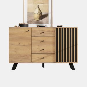 Aparador de sala 120x38x75 cm - 4 gavetas, 2 armários, 5 pés em madeira maciça, design oco e versátil - cor madeira