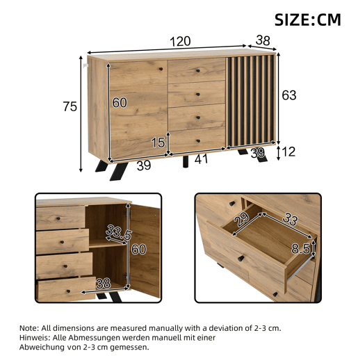 Aparador de sala 120x38x75 cm - 4 gavetas, 2 armários, 5 pés em madeira maciça, design oco e versátil - cor madeira