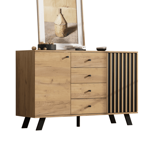 Aparador de sala 120x38x75 cm - 4 gavetas, 2 armários, 5 pés em madeira maciça, design oco e versátil - cor madeira