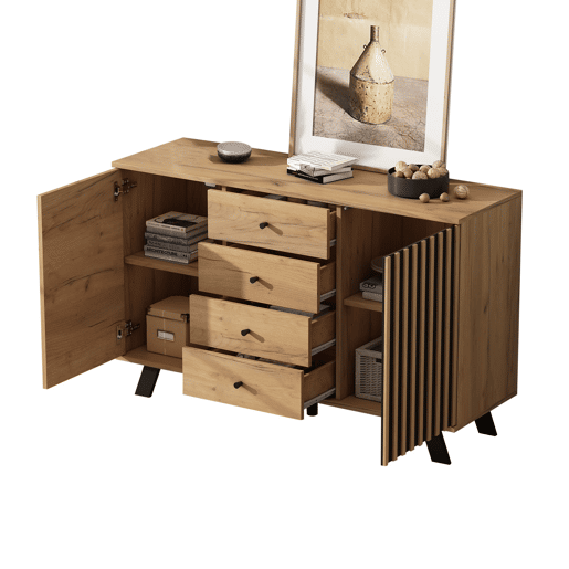 Aparador de sala 120x38x75 cm - 4 gavetas, 2 armários, 5 pés em madeira maciça, design oco e versátil - cor madeira