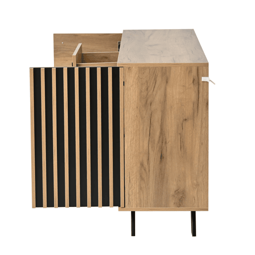 Aparador de sala 120x38x75 cm - 4 gavetas, 2 armários, 5 pés em madeira maciça, design oco e versátil - cor madeira