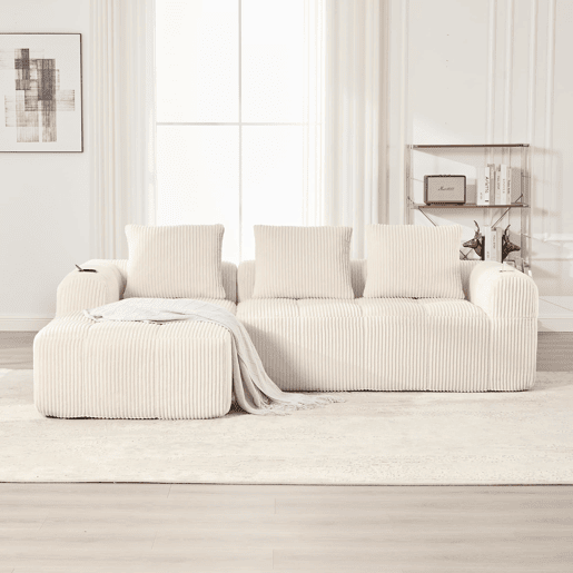 Sofá compacto de 4 lugares - Macio, modular, com bolso e porta-copos - Bege