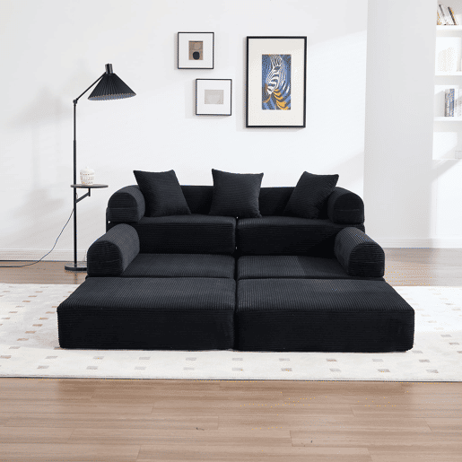 Sofá modular de 4 lugares - com arrumação, função modular, adequado para animais de estimação - Preto