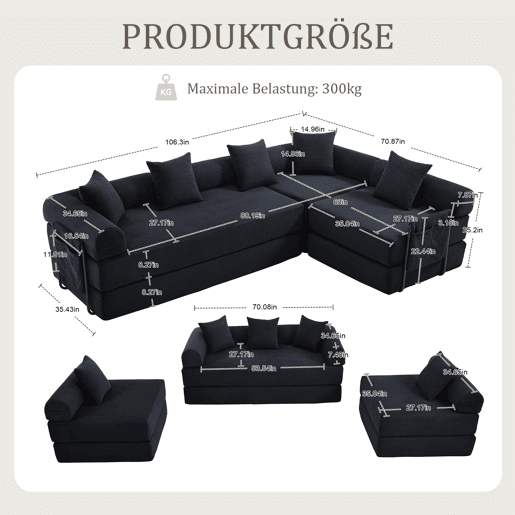 Sofá modular de 4 lugares - com arrumação, função modular, adequado para animais de estimação - Preto