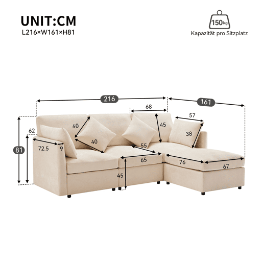 Sofá modular de 4 lugares - Design moderno, chenille, sofá em forma de L com apoio para os pés - Bege