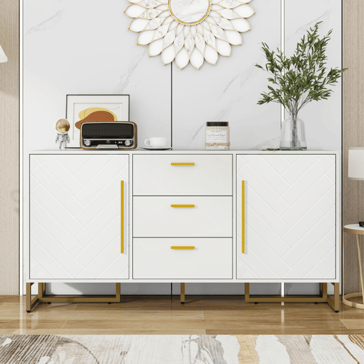 Aparador com 2 portas e 3 gavetas - Padrão espiga, elegante para sala de jantar, cozinha e sala de estar - Branco