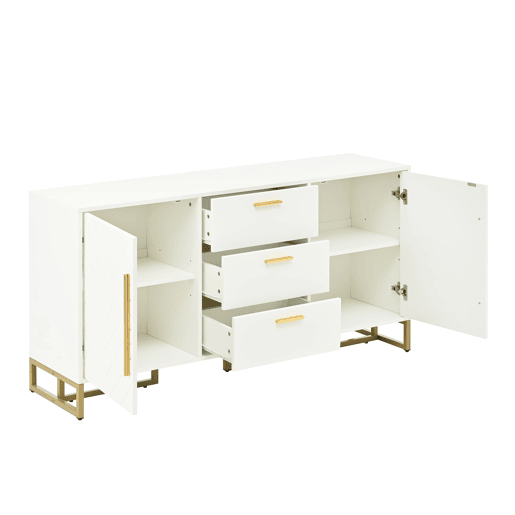 Aparador com 2 portas e 3 gavetas - Padrão espiga, elegante para sala de jantar, cozinha e sala de estar - Branco