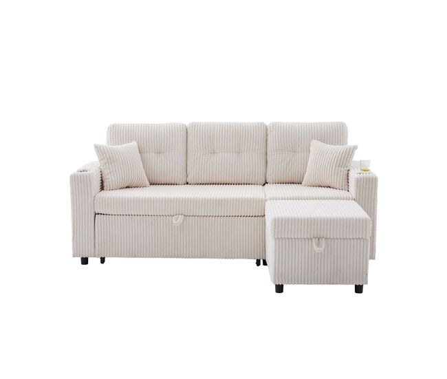 Sofá multifuncional 3 plazas - con almacenamiento, cama extensible, usb-c, iluminación ambiental - beige