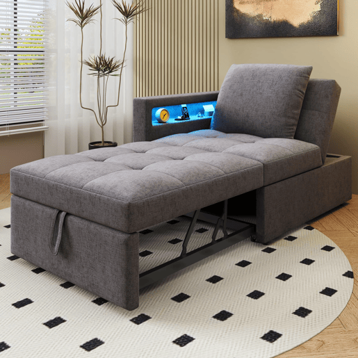 Sofá-cama 3 em 1 - Sofá de linho com encosto ajustável, braços com LED e portas USBC - Cinza escuro
